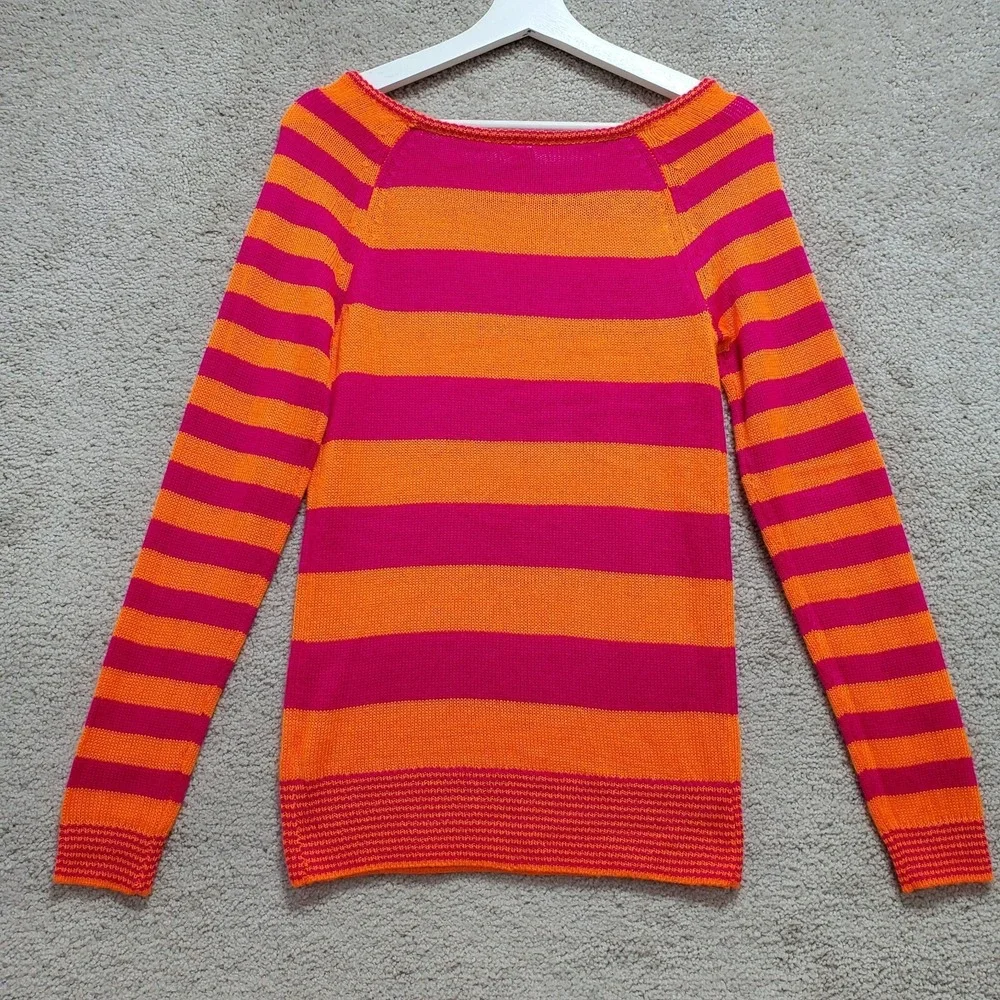 Aeropostale Sweater Womens Medium Orange Red Stripe Crew Neck‎ Knit Pullover